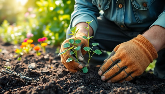 Gardener with gloves planting seedling in soil, colorful flowers in background, sunny garden