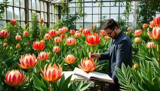 Man studying protea plants in a greenhouse with lush exotic flowers and open book